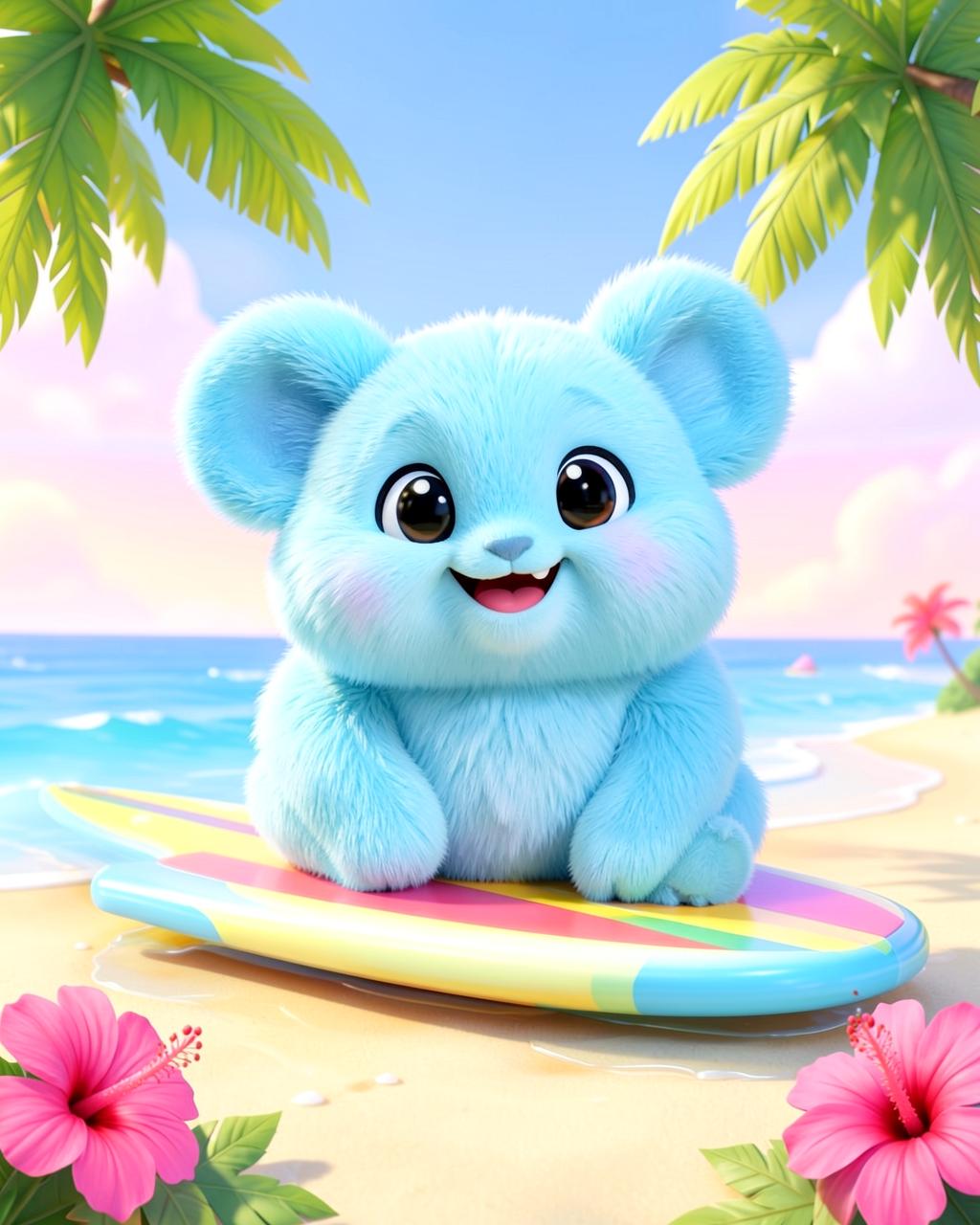 Fluffy blue island creature on a surfboard with hibiscus flowers on a sunny beach