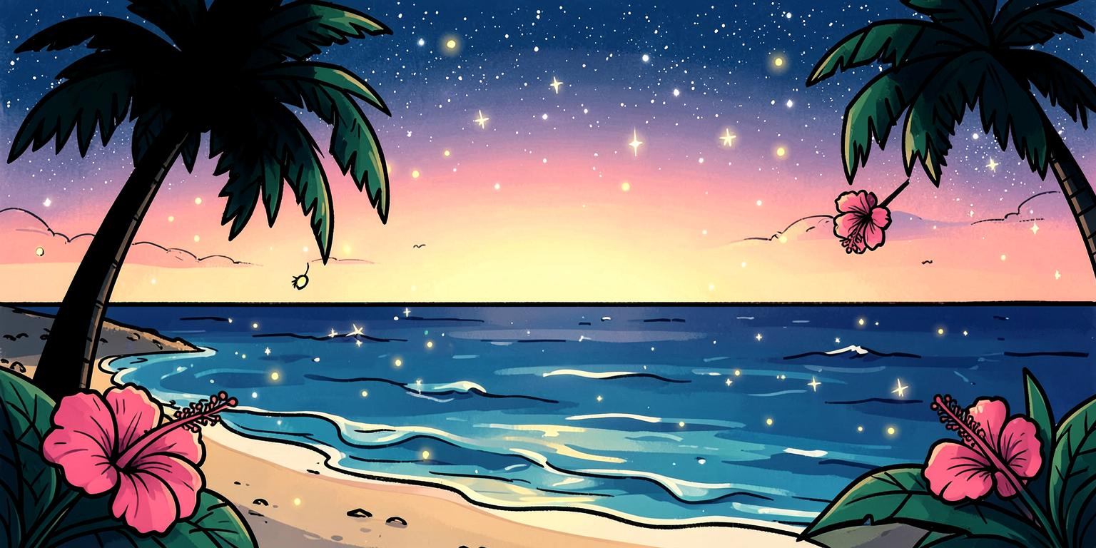 Magical tropical island at sunset with palm trees, fireflies and drifting hibiscus flowers